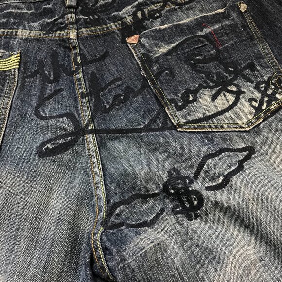 Vintage Stash House Embellished Jean Shorts Mens Size 40 100% Cotton Baggy Denim - Picture 12 of 16